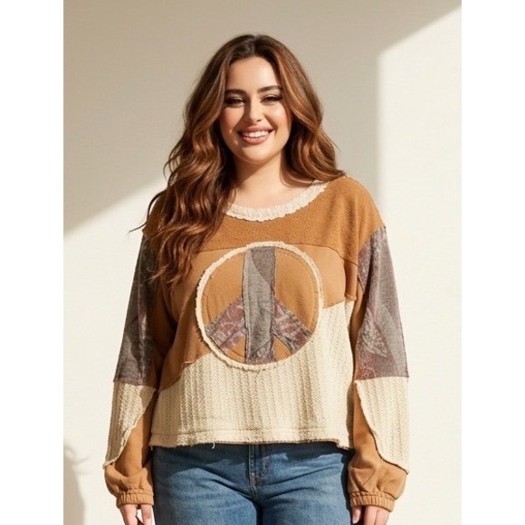 POL Tops - POL Peace Sign Patchwork Sweatshirt Boho Mixed Media Top Brown Size Small
